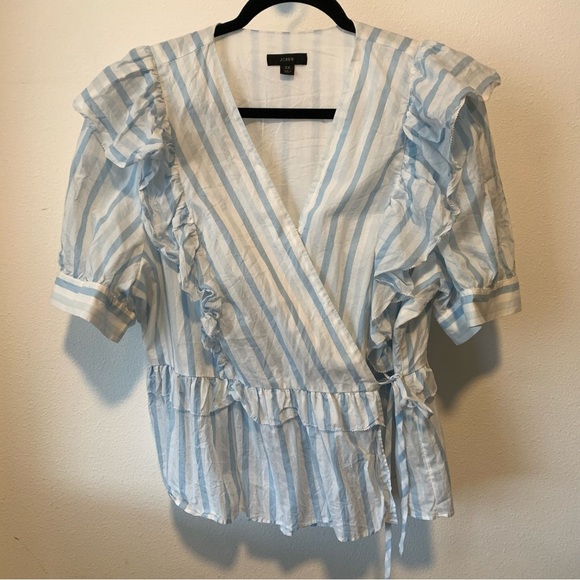 J Crew Womens 2X XXL Blue White Wrap Top Blouse Stripe Ruffle Tie Cotton - Picture 2 of 10